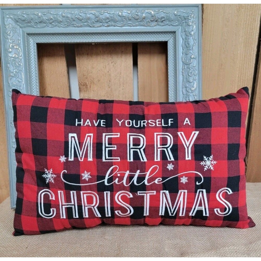 Pillow Embroidered Have Yourself a Merry Little Christmas Flannel Red Plaid New